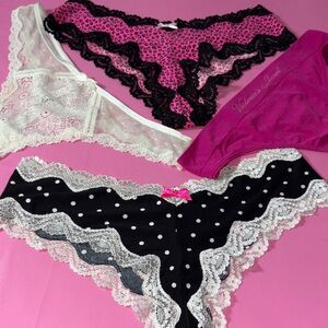 Victoria's Secret Lace and Polka Dot Panty Trio - Pink, Black, Cream